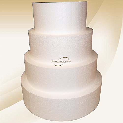 Shape Innovation - Round 4" Cake Dummy set - Set Of 4, Each 4" High by 8", 10", 12", 14" Rounds. High quality EPS foam. Perfect for wedding cakes, birthday cakes, display cakes, anniversary cakes.