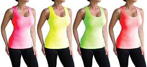 NOTOE Solid Color Athleisure Ribbed Racerback Seamless Tank Top (4PC NEON COMBO PACK - NEON PINK, NEON YELLOW, NEON GREEN, NEON ORANGE)
