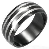 Black Stainless Steel Triple Stripe 8 mm Wide Band, Ring Size 8