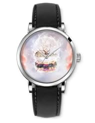 SPRAWL Aanalog Fashion Series Silver Ladies Watches of Genuine Black Leather Strap,Unique Wrist Watch for Women Girls Designed with Tree houses in glass ball