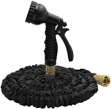 Greenyourlife 25 Feet Expandable Garden Hose Kink-free Double Latex Fabric Water Pipe with Brass Connector and 7 Function Spray Nozzle & Shut off Valve - Black
