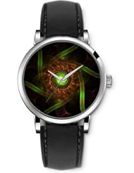 SPRAWL Aanalog Fashion Series Silver Ladies Watches of Genuine Black Leather Strap,Unique Wrist Watch for Women Girls Designed with Orange Swirl with green bars