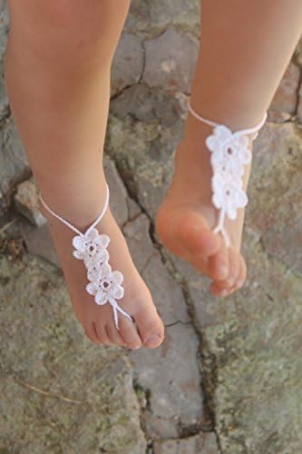 White Flower Barefoot Baby Sandals, Crochet Baby Barefoot Sandals, Beach Party, Baby Anklet, Baby Accessory, Gift for Baby (4-7yrs)