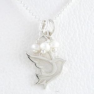 Open Design Dove Pendant or Charm in Sterling Silver with Pearl Gemstone Beads on a 16" Bead Chain, #8351