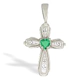 14K White Gold Genuine Heart Emerald and Diamond Cross Pendant