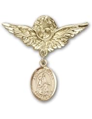 14K Gold Baby Badge with St. Isabella of Portugal Charm and Angel with Wings Badge Pin