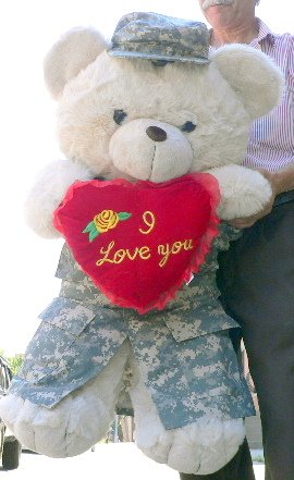 U.S. ARMY LOVE BEAR - 3-FEET-TALL GIANT JUMBO BIG PLUSH TEDDY BEAR STUFFED ANIMAL HOLDING RED HEART EMBROIDERED WITH THE WORDS: I LOVE YOU - AND WEARING REAL AUTHENTIC U.S. ARMY ACU MILITARY UNIFORM
