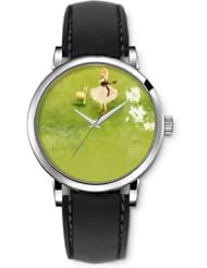 SPRAWL Aanalog Fashion Series Silver Ladies Watches of Genuine Black Leather Strap,Unique Wrist Watch for Women Girls Designed with Girl listening to music in the garden