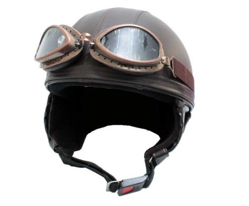 送料無料 バイク用 ヘルメット ◎ ゴーグル付　ビンテージヘルメット　（ブラウンレザー仕様）