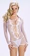 Sensual Mystique Longsleeve fishnet coverall with front satin ties. Lace neckline and cuffs 80594