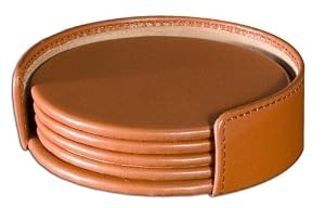 Tan Leather 4 Coaster Set with Holder