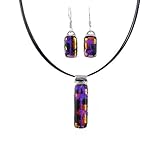 Necklace and Earrings Set - XS-41 - Genuine Handmade Dichroic Glass Pendant and Earrings - Hung on a 16" Stainless Steel Black Colored Multi-Strand Cord + 2" Extension Chain and French Wires ~ All Findings and Earring wires are made of .925 Sterling Silver