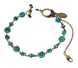Michal Negrin Bracelet with Flowers, Beads, Blue and Turquoise Swarovski Crystals; Hand-made in Israel