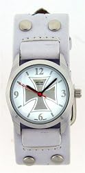Cross Silver Women's Trendy Design Round Steel Silver Numbered Case Punk Rocker Biker White Leather Band Wrist Watch
