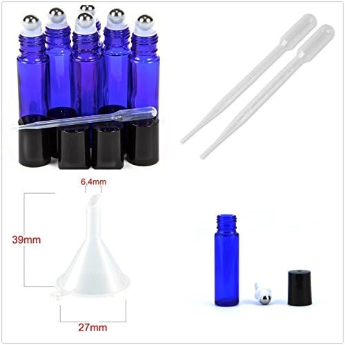 SZM Set of 6 -10ml Empty Refillable Stainless Steel Metal Roller Ball Roll on Glass Bottles Containers with Pipette and Funnel For Beauty Personal Care Fragrance Essential Oil, Cosmetics(Blue/Cobalt)