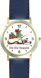 Cat Sleeping Near Presents - Tis the Season - Cat Cartoon or Comic - JP Animal - WATCHBUDDY® DELUXE TWO-TONE THEME WATCH - Arabic Numbers - Blue Leather Strap-Size-Children's Size-Small ( Boy's Size & Girl's Size )
