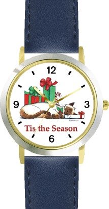 Cat Sleeping Near Presents - Tis the Season - Cat Cartoon or Comic - JP Animal - WATCHBUDDY® DELUXE TWO-TONE THEME WATCH - Arabic Numbers - Blue Leather Strap-Size-Children's Size-Small ( Boy's Size & Girl's Size )