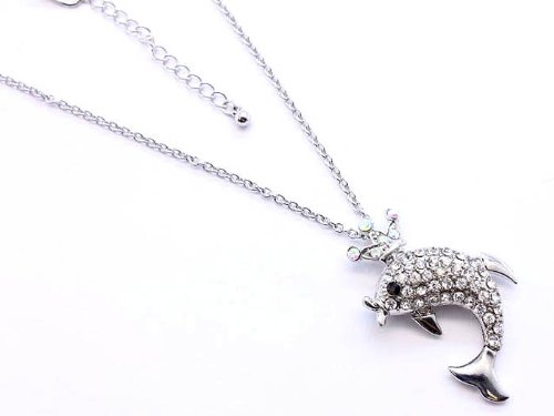 Dolphin Sea Animal Dolphin w/ Crown Crystal Studs Necklace