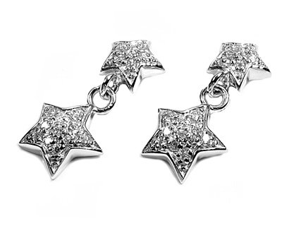 Sterling Silver Star Earrings with Clear CZ - Size: 10mm