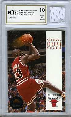 1993-94 Skybox Premium #45 Michael Jordan with Piece of Authentic Michael Jordan Chicago Bulls Game Used Jersey Graded BGS BECKETT 10 MINT GGUM Card