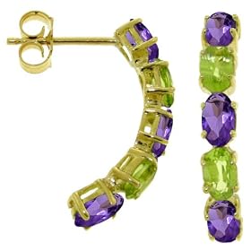 14k Gold Pin Earrings with Genuine Amethysts and Peridots by