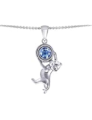 Original Star K (tm) Cat Lover Pendant with March Birthstone Simulated Aquamarine in 925 Sterling Silver