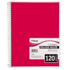 Mead Spiral Notebook, 3-Subject, 120-Count, College Ruled, Red (05748)