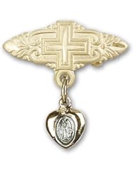 Gold Filled Baby Badge with Blue Miraculous Charm and Badge Pin with Cross