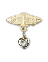 Gold Filled Baby Badge with Blue Miraculous Charm and Badge Pin with Cross