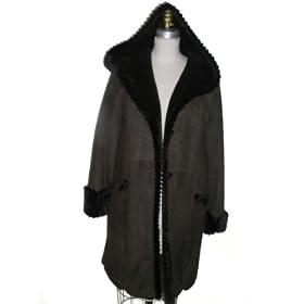 Buy Dark Brown Merino Hooded Shearling Stroller w Grooved Sheared Beaver Trimmed Hood, Cuffs and... by FursNewYork