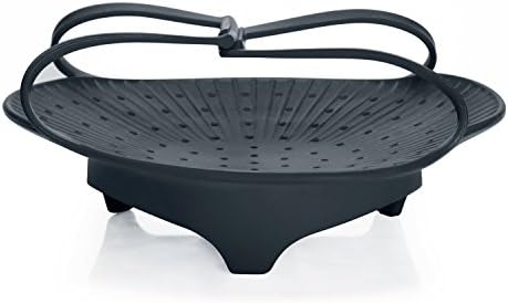 QooWare 8-inch Anti Slip Silicone Vegetable Steamer Basket w/ Handles (Grey) - Healthy &amp; Hygienic