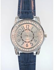 Graduation Mothers Day Gifts Watch with Blue Genuine Dark Blue Croco Patterned Leather Strap Watch Band and Large Silver Face with Crystals Around Bezel. Large Clear Numbers.