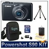 Canon Powershot S90 10MP Wide-angle 3.8x Optical Zoom Digital Camera Bundle w/ 4GB SD Memory, Card Reader, Case and Lens Cleaning Kit
