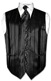 Men's Dress Vest & NeckTie BLACK Striped Woven Design Set for Suit or Tuxedo