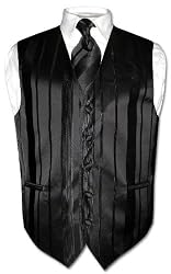 Men's Dress Vest & NeckTie BLACK Striped Woven Design Set for Suit or Tuxedo
