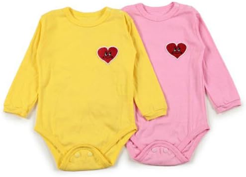 Anak Juju ("Happy Child") - Onesie (bodysuit) - Long-Sleeve - Set of 2 (includes FREE bib) - In Cute Milk Carton Style Box - Embroidered Smiley Heart Patch - (Soft, Cute and Colorful 100% Cotton, Machine Washable, Comfortable and Durable),Yellow / Pink,3-6 Months