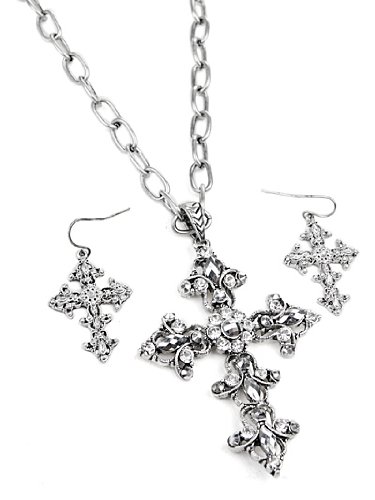 Antique Silver Tone Clear Rhinestone Cross Pendant Necklace and Earrings Set Fashion Jewelry