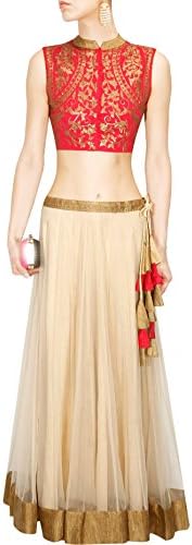 Kenil Fabrics Women's red and cream net partywear Lehenga Choli / Heavy Embroidered with unstich embroidered blouse material