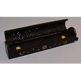 Wooden Coffin Incense Burner - Black Sun and Moon 12 - Brass Inlays - Storage Compartment