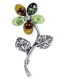Multicolor Amber Flower Stud Brooch Sterling Silver Pin