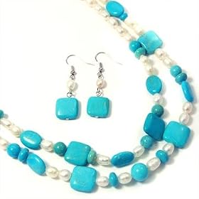 Beautiful Genuine Turquoise and Fresh Water Pearl Beaded Necklace and Earrings Set Double Stranded...