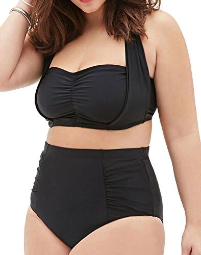Women's Plus Retro Solid Color Ruched High Waisted Bikini Swimsuits Swimwear Black US L