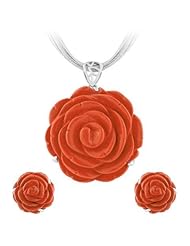 Sterling Silver Rose Design Syn. Coral Set (Chain Not Included)