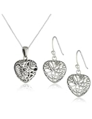 Sterling Silver Oxidized Filigree Heart Pendant and Earrings Set