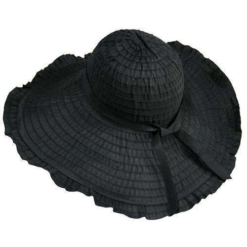 Black Ruffled Wide Wired Brim Floppy Sun Hat