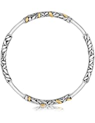 18K Yellow Gold and Sterling Silver Slip On Bangle with Leaf Like Detailing