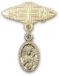 Gold Filled Baby Badge with Our Lady of Czestochowa Charm and Badge Pin with Cross