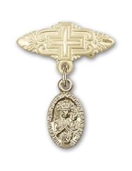 14K Gold Baby Badge with Our Lady of Czestochowa Charm and Badge Pin with Cross