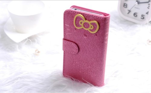 Slim 3D Hello Kitty Bowknot iphone cover case for iPhone 5 Protective Deluxe Book Style Folio Wallet Leather Case for iPhone 5 - Fit for Verizon, AT&T, Sprint, Rogers, Fido etc - Roseo
