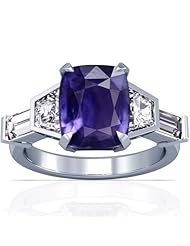18K White Gold Cushion Cut Purple Sapphire Ring With Sidestones